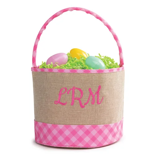 Miniatura 9 de Bolsa de cubo de Pascua personalizada con nombre personalizado Bolsa de Pascua de arpillera a cuadros azules con asa Cesta de huevos para niños