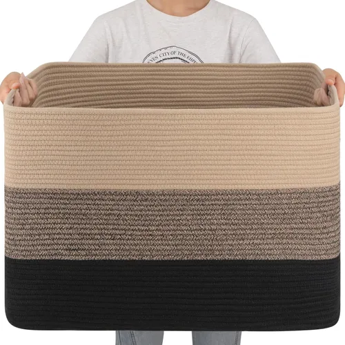 Miniatura 14 de OIAHOMY Cesta de manta súper grande de 108L, 25 x 16 x 16 pulgadas (108 litros), cestas tejidas rectangulares para almacenamiento, canasta de cuerda