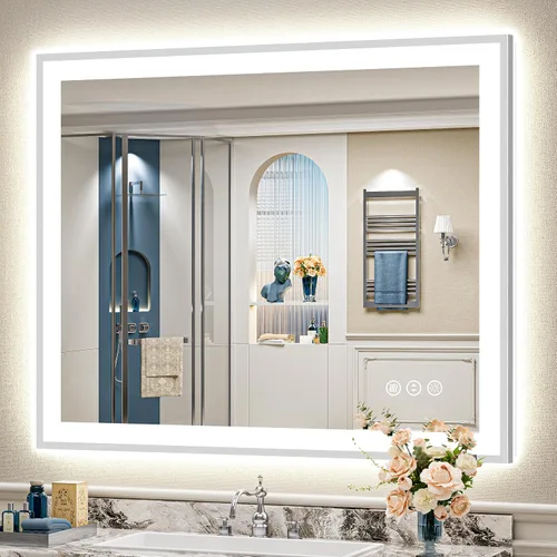 Miniatura 96 de 24x30 Espejo de baño LED con marco negro con luces, retroiluminado + iluminación frontal, espejo de tocador iluminado antivaho para pared de baño