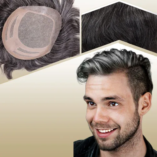 Miniatura 11 de Sistema de reemplazo de cabello humano para hombre, tupé para hombre, piel fina con parte superior de encaje mono y la parte trasera de poliuretano