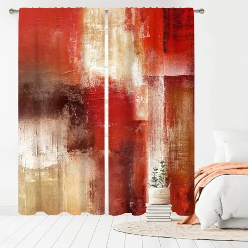 Miniatura 11 de MESHELLY Cortinas Rojas Abstractas 42Wx63H Pulgadas Bolsillo para Varilla Bloques Rústicos Borgoña Marrón Pintura al Óleo Casa de Campo Dormitorio