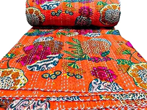 Miniatura 12 de Manta Kantha de retazos bohemios, manta de cama bohemia tamaño King, colcha Kantha con estampado de frutas, funda de cama Kantha hecha a mano Beige