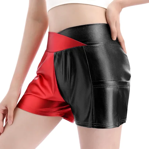 Miniatura 4 de Pantalones cortos de baile brillantes para mujer con frente en V cintura alta para yoga gimnasio fiesta de rave pantalones cortos con bolsillos