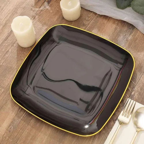 Miniatura 14 de Efavormart - Paquete de 10 platos cuadrados de plástico para postre de 7 pulgadas, color negro con borde dorado, platos desechables para ensalada