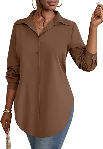 Miniatura 39 de Rooscier Blusa larga con cuello en V para mujer, manga larga, abertura lateral, con botones