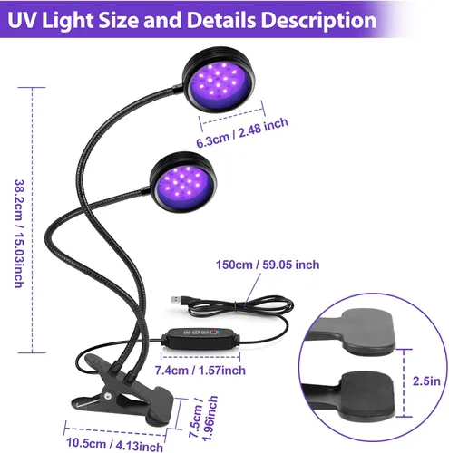 Miniatura 5 de inShareplus Luz de doble cabeza UV regulable de 395 nm ~ 405 nm con USB, luces de resina de abrazadera negra UV portátil de 10 W, lámpara de curado