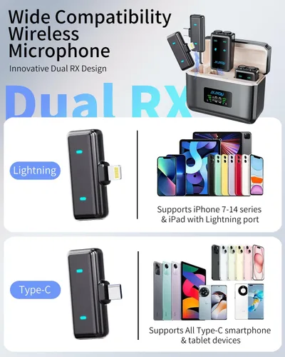 Miniatura 4 de Micrófono Lavalier inalámbrico para iPhone: micrófono JXJXQU con reducción de ruido inteligente, efecto de reverberación, batería de 30 H+, diseño