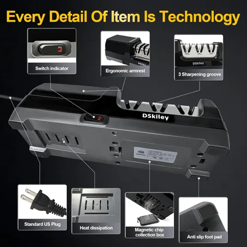 Miniatura 8 de Afilador de cuchillos eléctrico para cocina, sistema profesional de 3 etapas 100% diamante con ángulo de precisión de 20°, afilado rápido para Negro