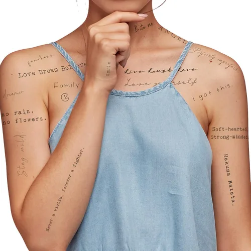 Everjoy Tatuajes temporales realistas: 37 diseños, más de 90 patrones en 20 piezas, palabras inspiradoras impermeables para adultos, mujeres
