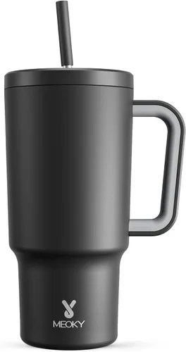Miniatura 56 de Meoky - Vaso de 30 oz con asa, tapa y pajilla, taza de viaje térmica de acero inoxidable 100% a prueba de fugas, para portavasos, mantiene el frío