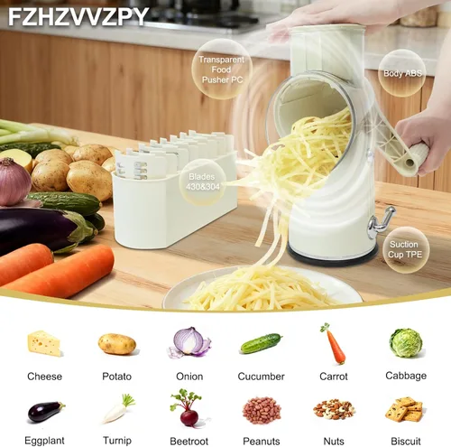 Miniatura 3 de Rallador de queso 5 en 1 con manivela giratoria, picador de verduras con cuchillas de acero inoxidable reemplazables, base de succión fuerte, mango