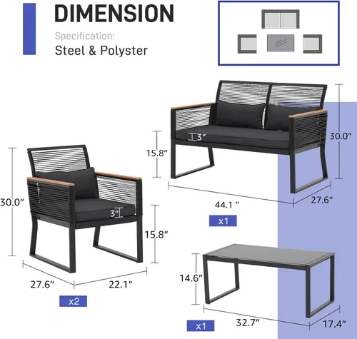 Miniatura 3 de Patiorama - Juego de muebles de patio, 4 piezas, juego de mimbre para bistró al aire libre, juego de conversación de ratán negro resistente a