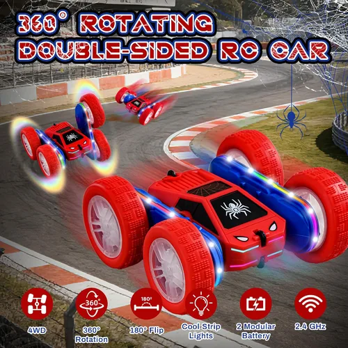 Miniatura 2 de Spider - Coche de control remoto 4WD 360° Flips RC Stunt Car Monster Truck Juguetes de doble cara Drift RC Cars con luces LED, 2 módulos de batería