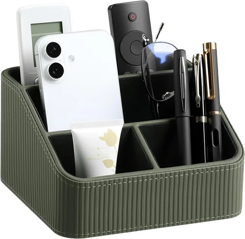 Miniatura 10 de Soporte para control remoto con 4 compartimentos, organizador de mesita de noche pequeña de piel sintética para accesorios de escritorio