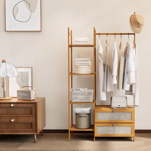 Miniatura 2 de Perchero de Ropa de Bambú, Perchero con Cajones y Estantes, Estantes de Almacenamiento de 5 Niveles con 6 Ganchos para Colgar, Armario Closet