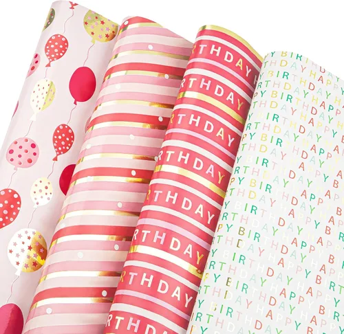 Plum Designs Hojas de papel de regalo – papel de regalo de feliz cumpleaños para niñas, papel de regalo divertido para niñas, 14 hojas de papel de