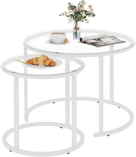 Miniatura 9 de aboxoo Juego de 2 mesas de cristal anidables blancas, pequeñas mesas redondas de vidrio para sala de estar, dormitorio, mesa de té decorativa