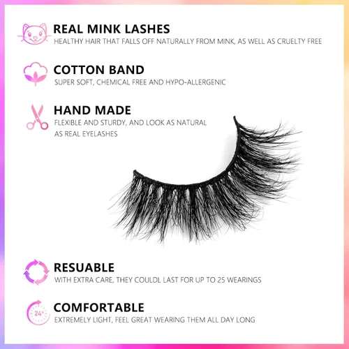 Miniatura 2 de Pestañas de visón de 0.630 in, 3 pares de pestañas cortas de visón real, aspecto natural, pestañas postizas 100% hechas a mano, aspecto de ojos