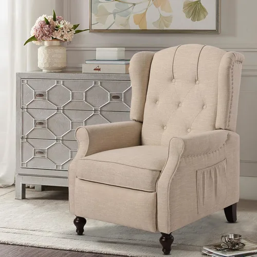 Miniatura 8 de Silla reclinable PALLOME con respaldo alto, asiento con masaje y calor, tapizado de tela, con respaldo acolchado, silla reclinable para sala de Beige