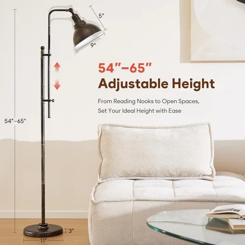 Miniatura 2 de VONLUCE Lámpara de pie para sala de estar, lámpara de pie industrial alta de 65 pulgadas, altura y cabezal ajustables, lámpara de lectura de pie
