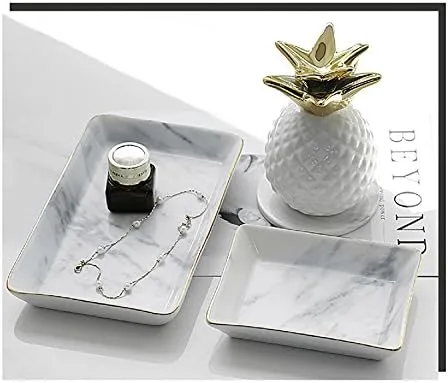 Miniatura 4 de SOCOSY Plato de cerámica de mármol para anillos de joyería, bandeja organizadora de joyas con bordes dorados, decoración del hogar, regalo de boda