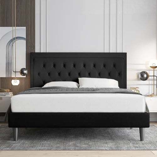Miniatura 7 de Allewie Base de cama tapizada de tamaño matrimonial con cabecera ajustable, botón acolchonado, soporte de listones de madera, fácil montaje