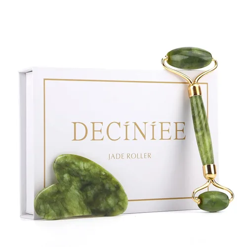 Deciniee Juego de rodillo de jade y gua Sha - Masajador facial de belleza y herramienta Guasha para ojos, cuello, cuerpo - 2 en 1 herramientas de