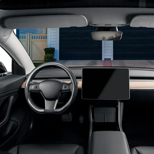 Miniatura 7 de SEG Direct - Cubierta para volante de base plana en forma de D, de 14-14 1/4 pulgadas para Tesla Model 3 / Y, para Camaro, cuero de microfibra negro