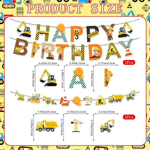 Miniatura 4 de Suministros para fiestas de cumpleaños de construcción, carteles de feliz cumpleaños, guirnalda de vehículos, camiones, 6 unidades, excavadora