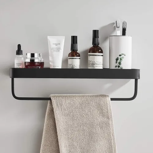 Miniatura 8 de Estante de vidrio templado para baño de 15.7 pulgadas con toallero, organizador de ducha de aluminio montado en la pared, gabinete de almacenamiento