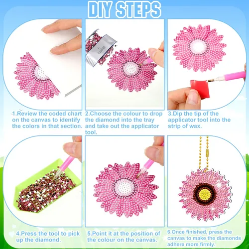 Miniatura 3 de FairySandy Juego de 20 llaveros de flores con pintura de diamantes de primavera para adultos, diseño de girasol, diamantes de imitación 5D, adorno
