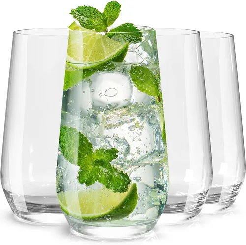 Wlasss Juego de 4 vasos de vidrio transparente de 16.4 onzas, vasos de agua para cerveza, jugo, mojito, té helado, cristalería apta para
