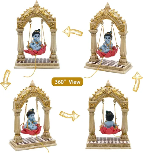 Miniatura 2 de alikiki Baby Krishna on Swing - Estatua de ídolo hindú de 6.7 pulgadas de alto, estatua de ídolo de Krishna, mini artículo de Murti de la India