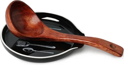 Miniatura 3 de GDCZ - Soporte de cuchara de cerámica de 5 pulgadas para encimera de cocina y estufa (negro, 1) 5 Inch Round Spoon Rest, Grooved Slot, Keeps