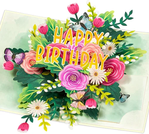 POPWOW Tarjeta desplegable de feliz cumpleaños, flores y mariposas, tarjeta de felicitación 3D floral, regalo para mamá, hermana, mujer, abuela,