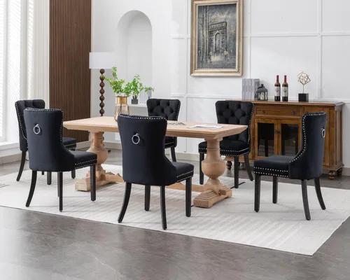 Miniatura 9 de KCC Nikki Collection - Juego de 2 sillas de comedor de terciopelo tapizadas de alta gama con anillo trasero de clavo, patas de madera maciza