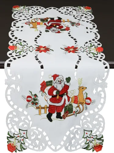 Miniatura 6 de Creative Linens Juego de 4 manteles individuales bordados de Navidad con Papá Noel, reno, flor de pascua, 11 x 17 pulgadas, color blanco