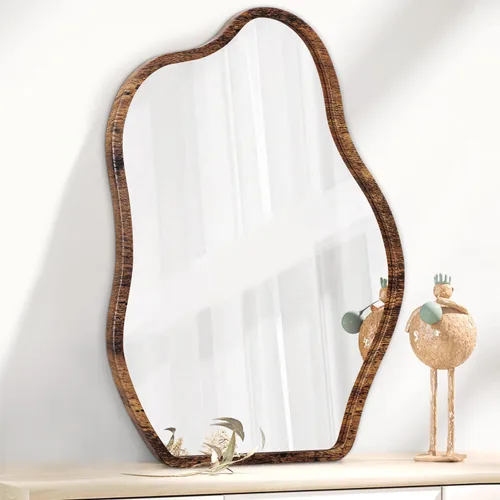 Miniatura 11 de Espejo de pared asimétrico con marco de madera, espejo colgante moderno irregular para pared para tocador, sala de estar, dormitorio, baño, entrada