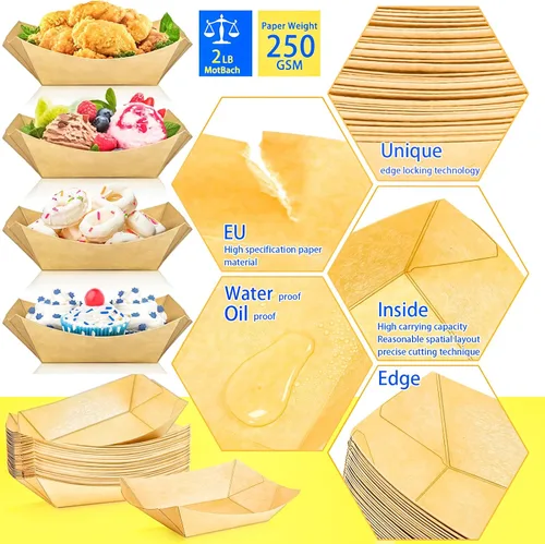 Miniatura 4 de Paquete de 120 bandejas de papel desechables de 2 libras de papel para barcos, bandeja de servir comida kraft, cestas para aperitivos, palomitas