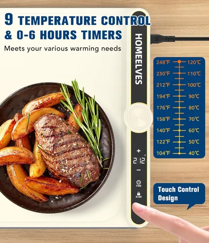 Miniatura 2 de Tapete de calentamiento de alimentos, bandeja de calentamiento eléctrico de calentamiento rápido con 9 ajustes de temperatura y temporizador de 6