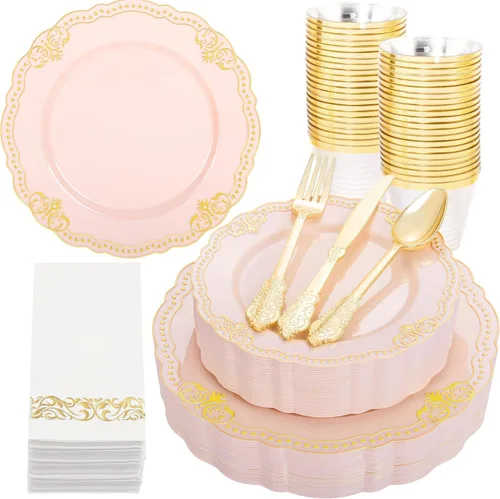 Miniatura 15 de Ciaell 350 platos de plástico rosa, platos desechables de color rosa y dorado, incluyen 50 platos desechables, 150 cubiertos resistentes, 50 tazas