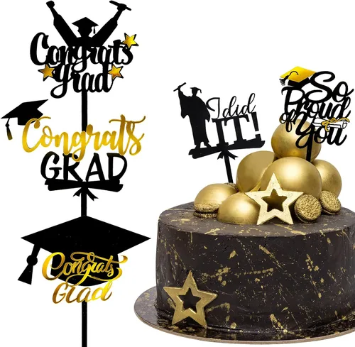 Whaline 5 adornos para tartas de graduación 2026, color negro y dorado, acrílico, decoración de mesa de felicitaciones para graduación, suministros