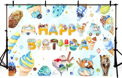 Miniatura 4 de AIBIIN Telón de fondo de cumpleaños de helado de 7 x 5 pies para niños y niños, helado de verano, decoraciones de fiesta de feliz cumpleaños, pastel