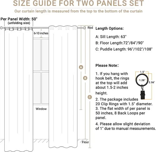 Miniatura 6 de 100% Blackout Shield Cortinas opacas completas para dormitorio de 63 pulgadas de largo, juego de 2 paneles, anillos de clip/bolsillo para barra