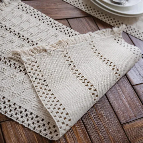 Miniatura 4 de Camino de mesa de macramé, color beige crema, bohemio, con borlas, camino de mesa de algodón tejido a mano, camino de mesa rústico para cocina