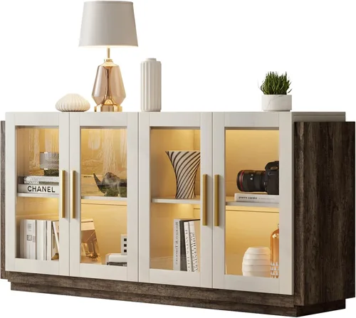 Miniatura 9 de AMERLIFE Aparador Buffet Gabinete, Gabinete de Acento de Color Mixto con Luces LED, Gabinetes de Almacenamiento Modernos con Puertas de Vidrio