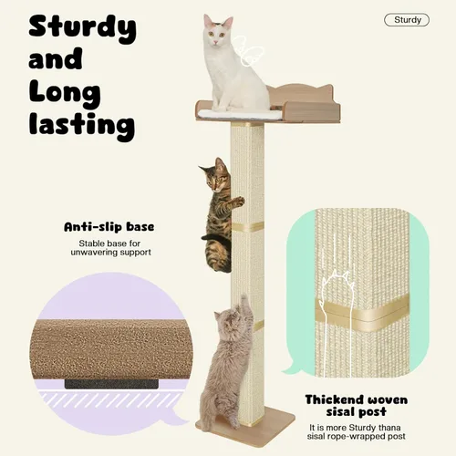 Miniatura 3 de Percha para ventana de gato con poste rascador de sisal grueso, hamaca para gatos para ventana, poste rascador alto ajustable de 53.5" para gatos