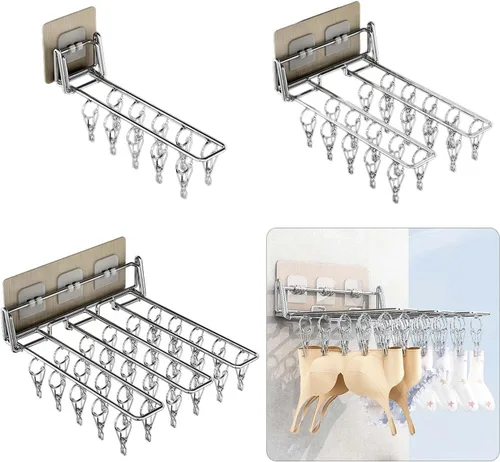 Miniatura 3 de Colgador montado en la pared para balcón, estante de secado de ropa plegable de acero inoxidable, organizador de clip de almacenamiento para ropa