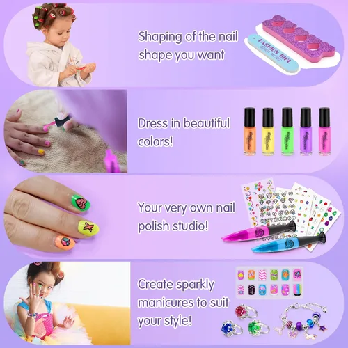 Miniatura 4 de Juego de esmaltes de uñas para niñas, kit de arte de uñas DIY con secador de uñas, uñas postizas, pegatinas de uñas, esmalte de uñas despegable,