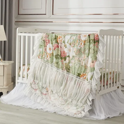 Brandream Juego de ropa de cama de cuna para niñas, juego de guardería floral de jardín de 3 piezas | edredón de bebé con volantes, sábana de cuna y